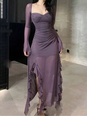 SHEIN Purple Square Neck Ruched Ruffle Mesh Flare Sleeve Maxi Dress S